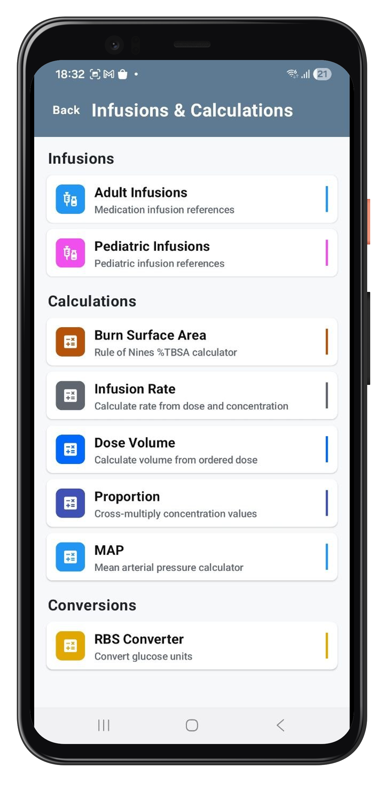 Calculators screen in the Android app