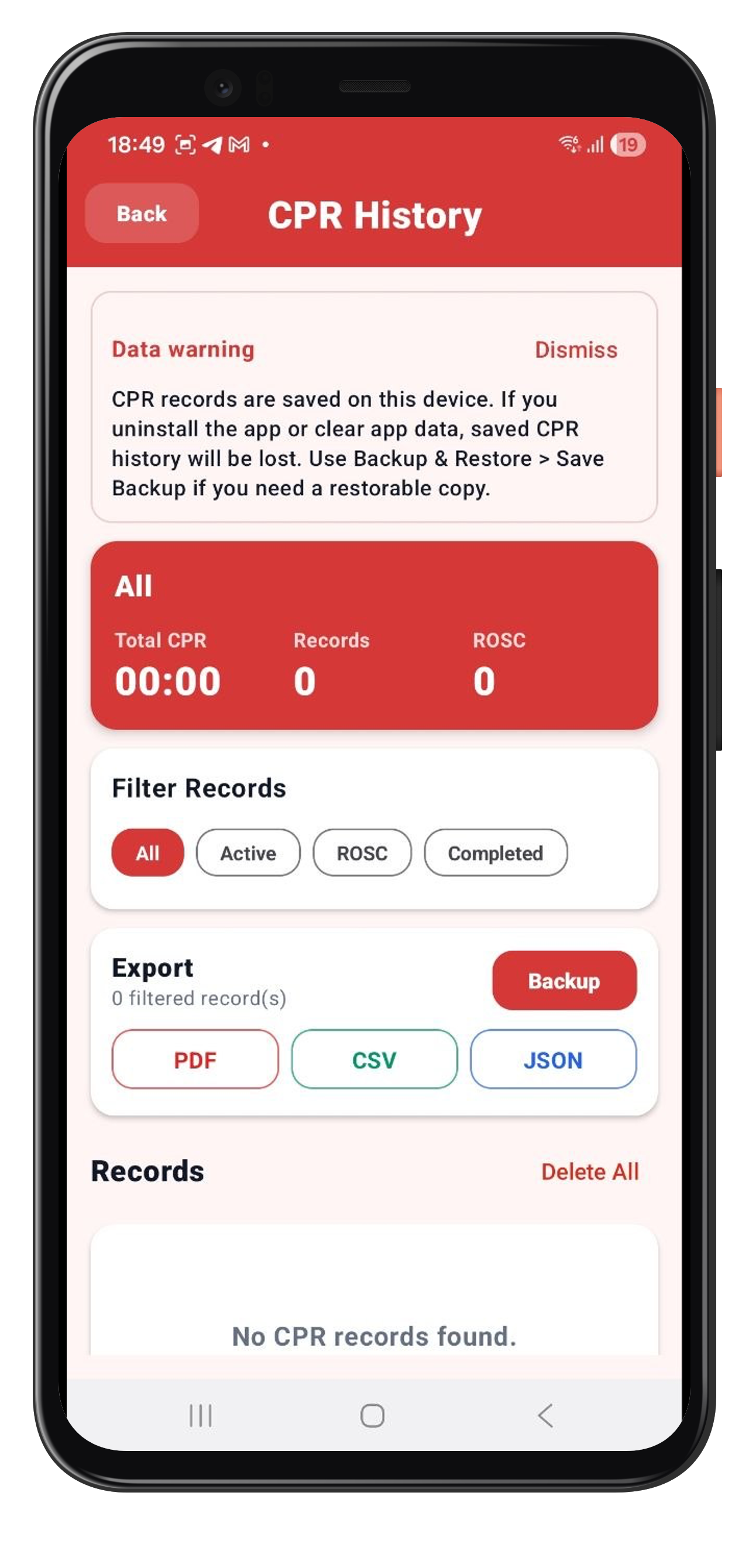 CPR history screen in the Android app