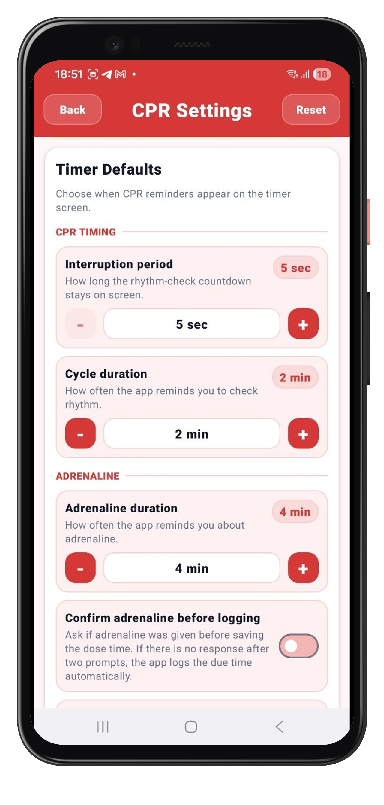 CPR settings screen in the Android app