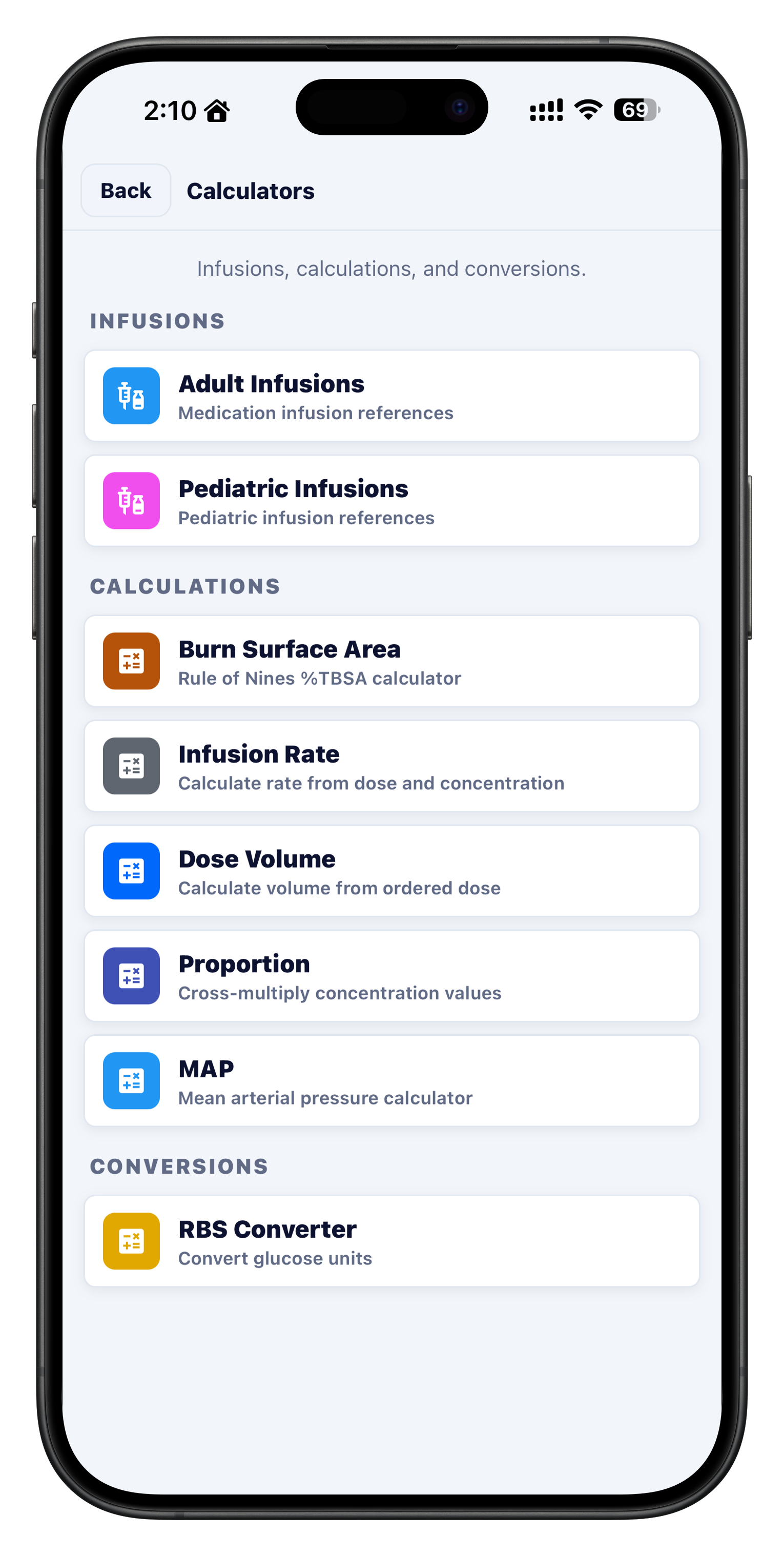 Calculators and infusions screen in the iOS app