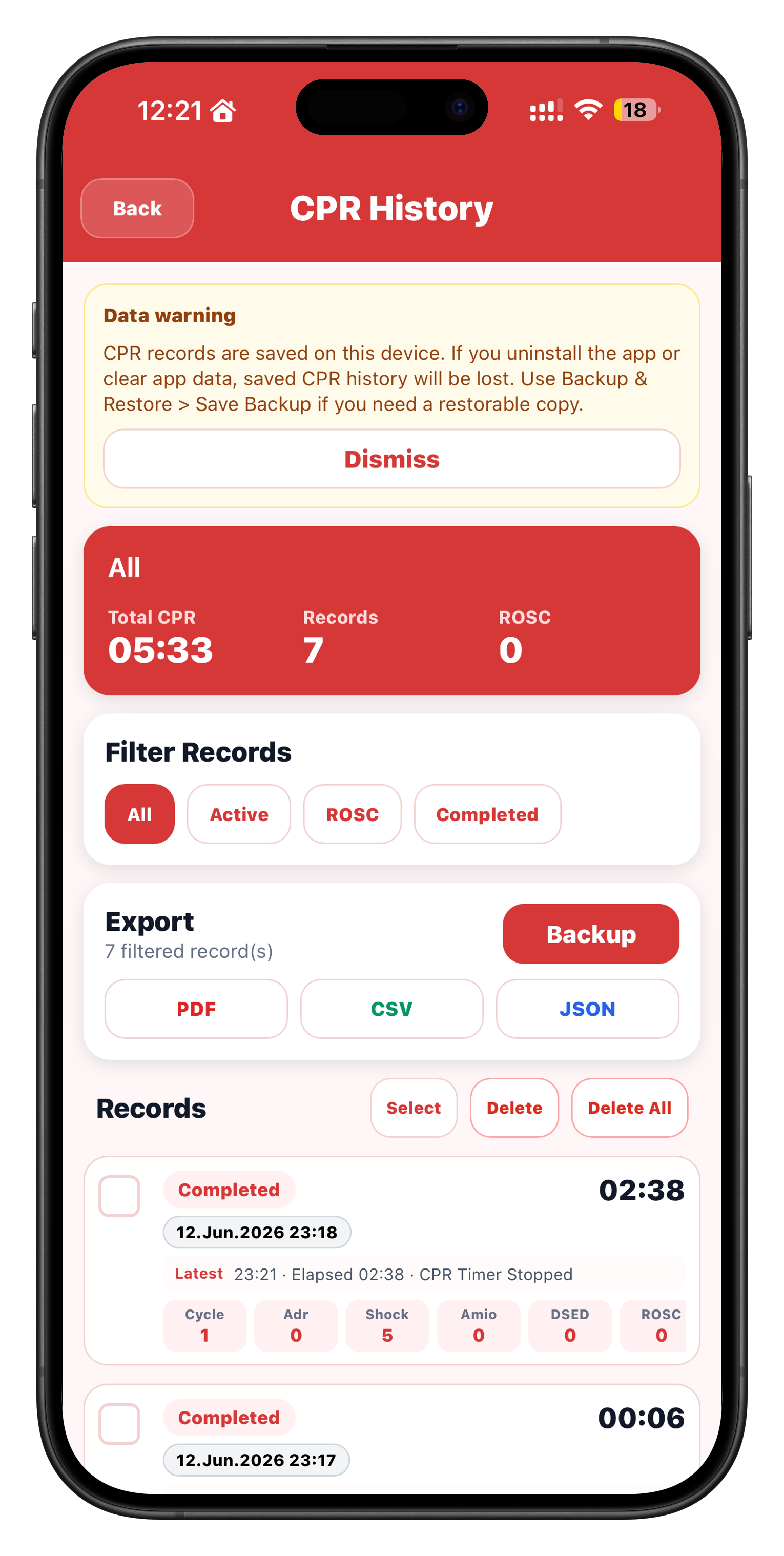 CPR history screen in the iOS app