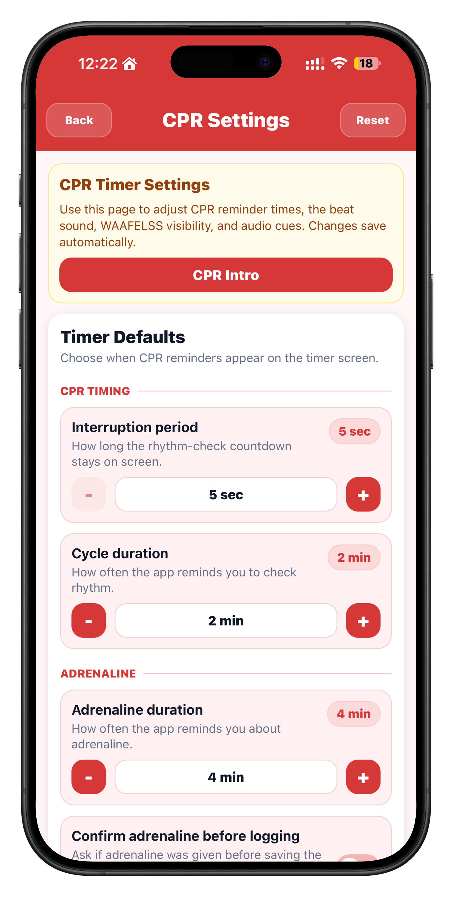 CPR settings screen in the iOS app