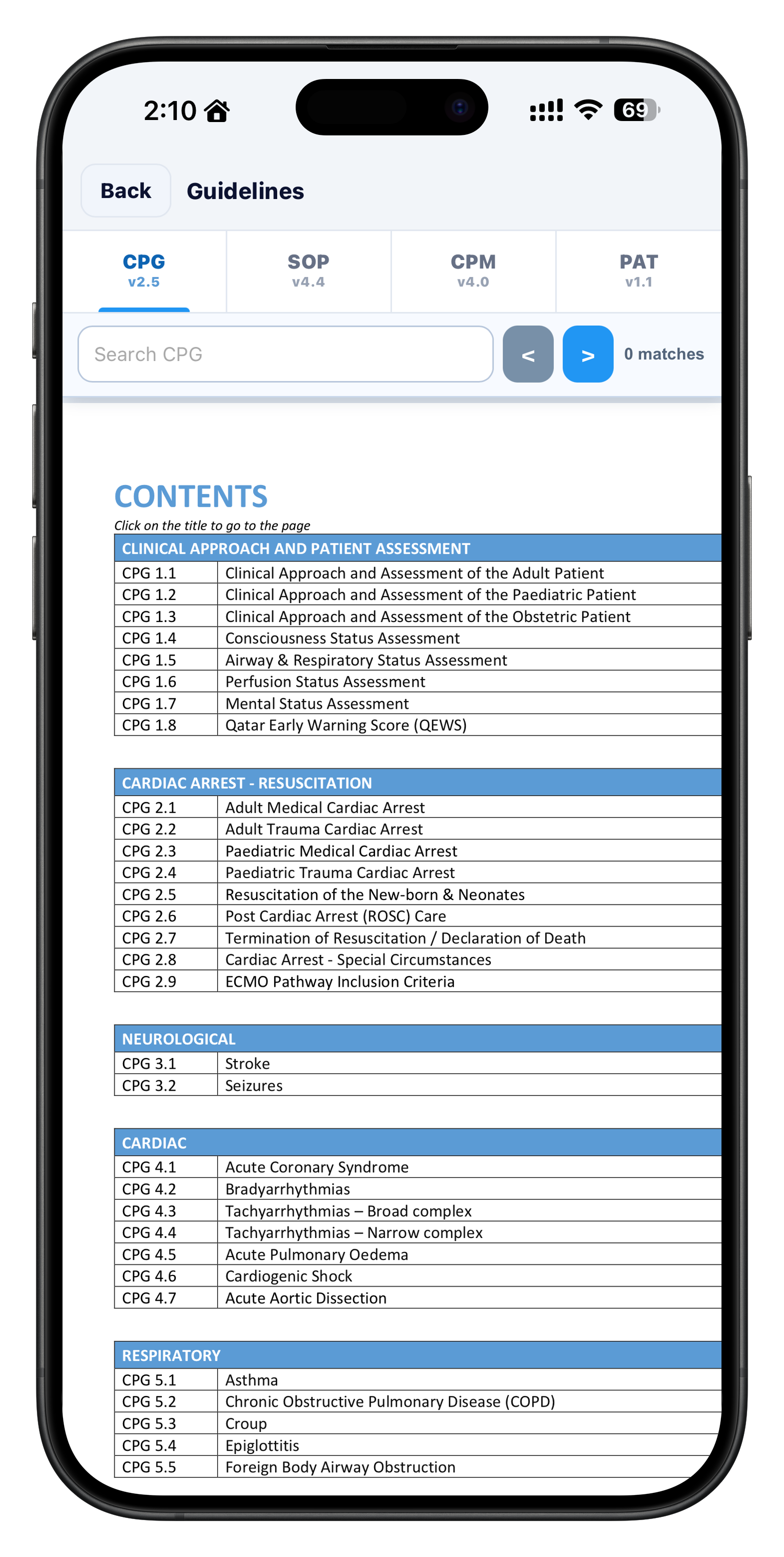 Guidelines screen in the iOS app