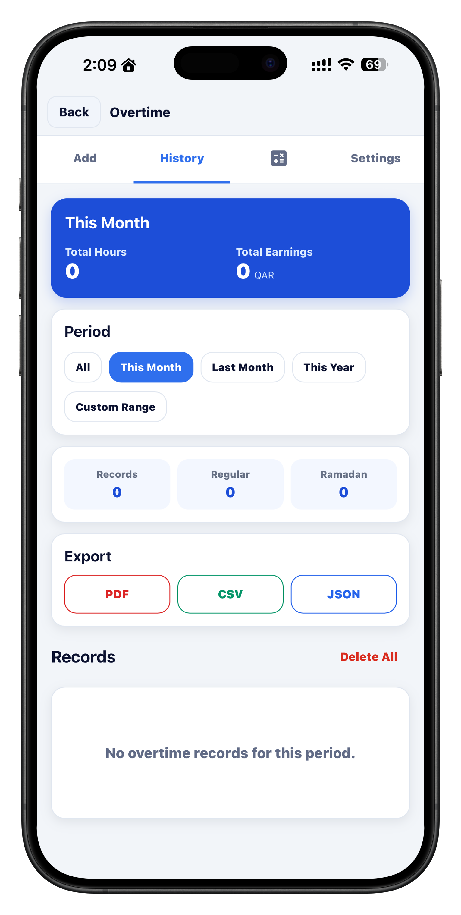 Overtime history screen in the iOS app