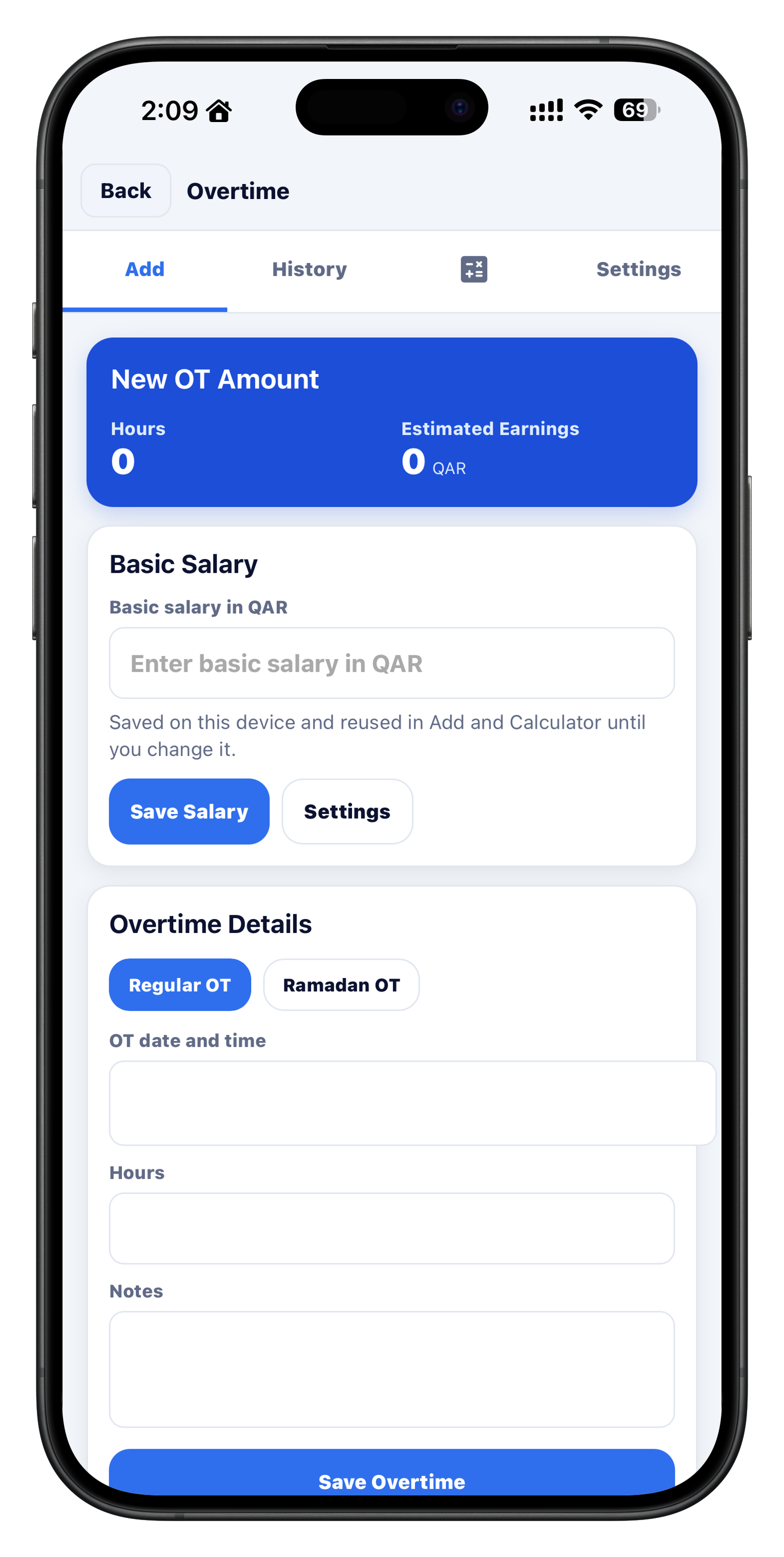 Overtime home screen in the iOS app
