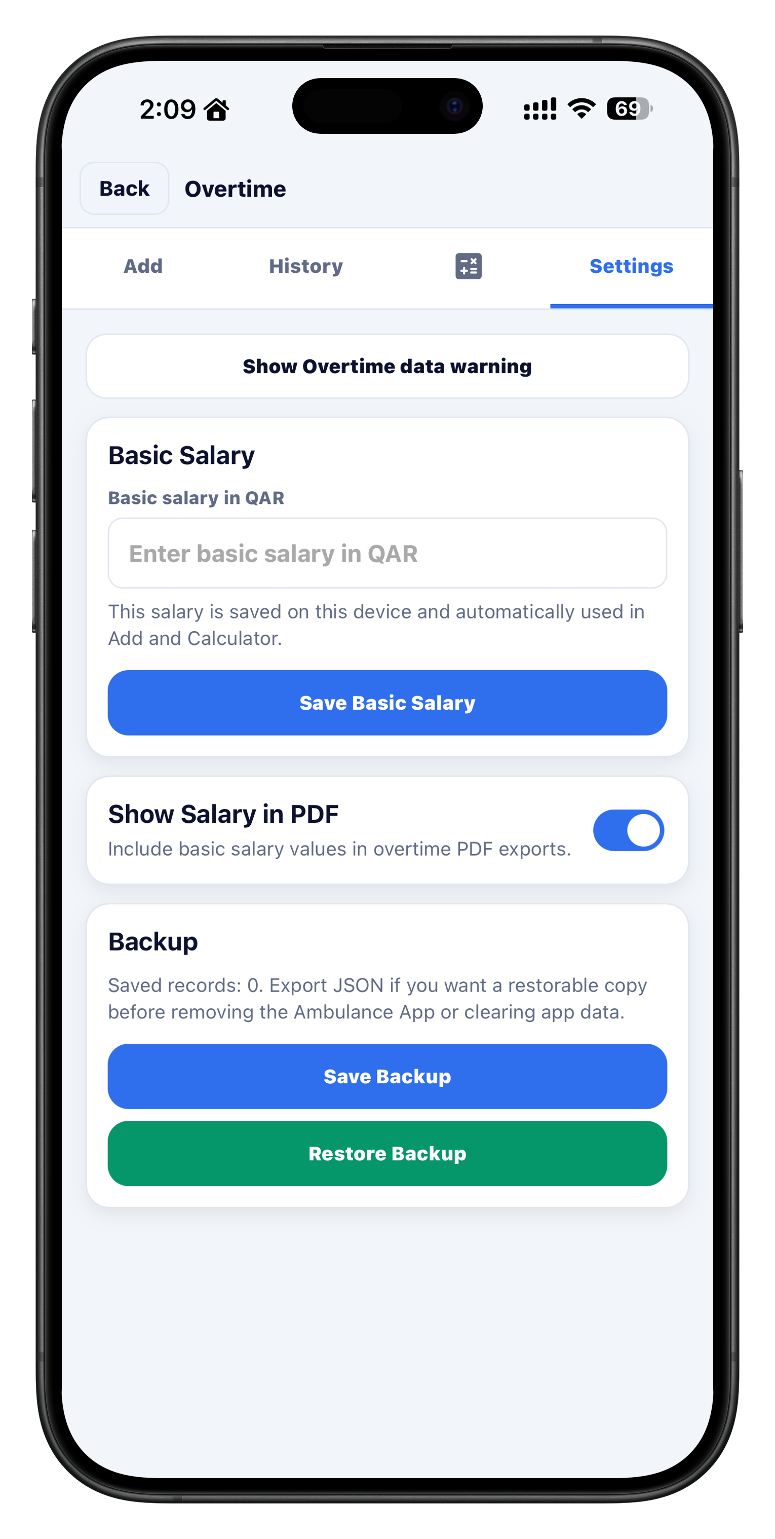 Overtime settings screen in the iOS app