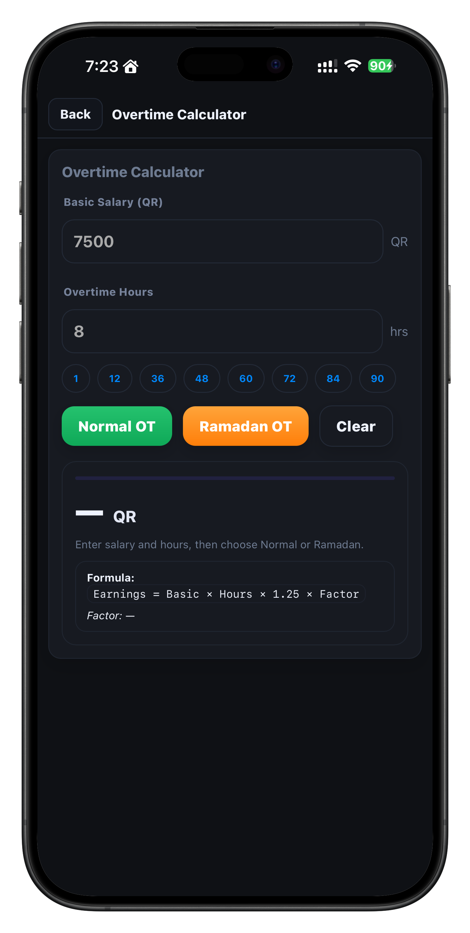 Overtime calculator screen in the iOS app