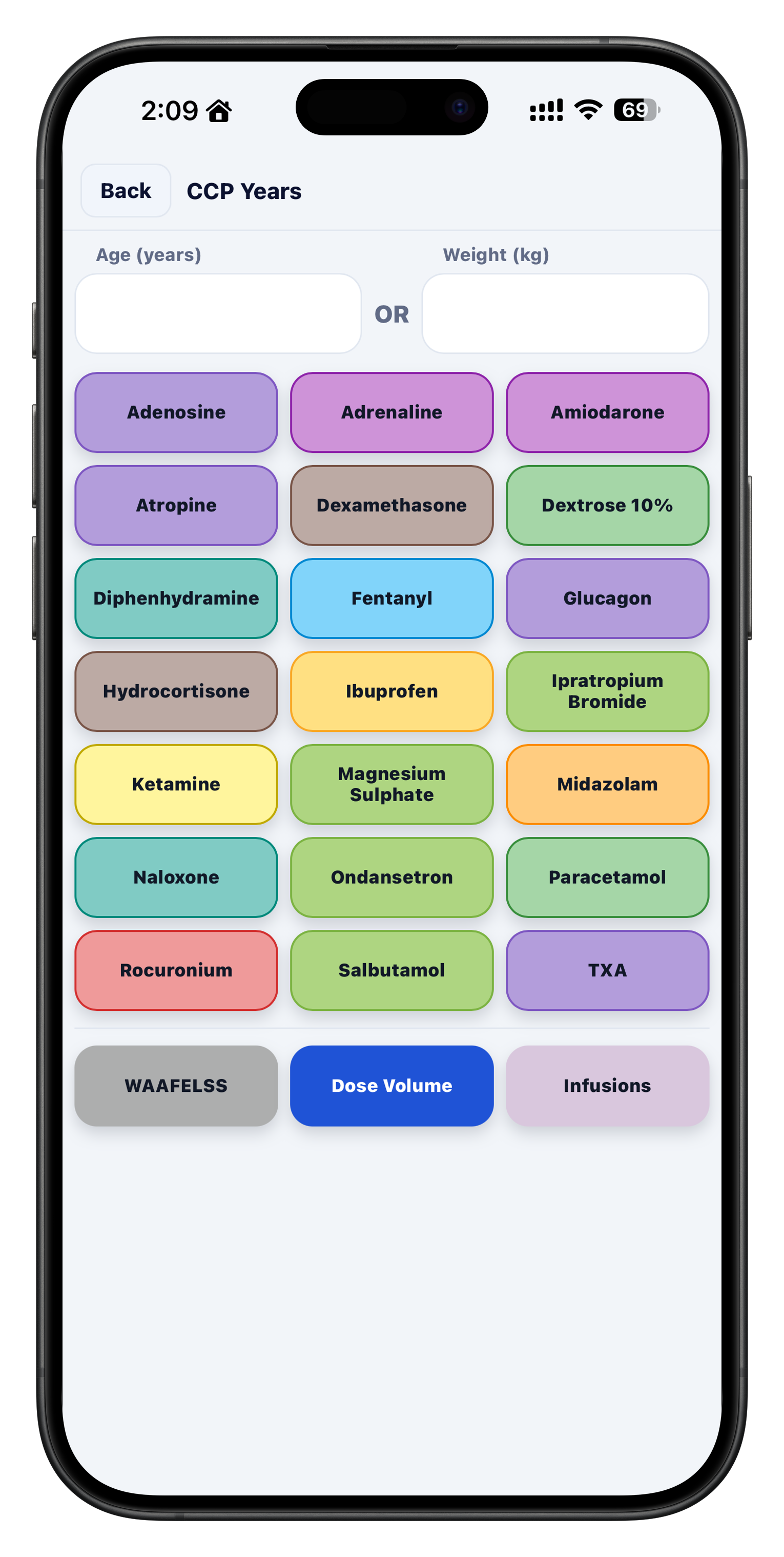 Pediatrics dosing screen in the iOS app