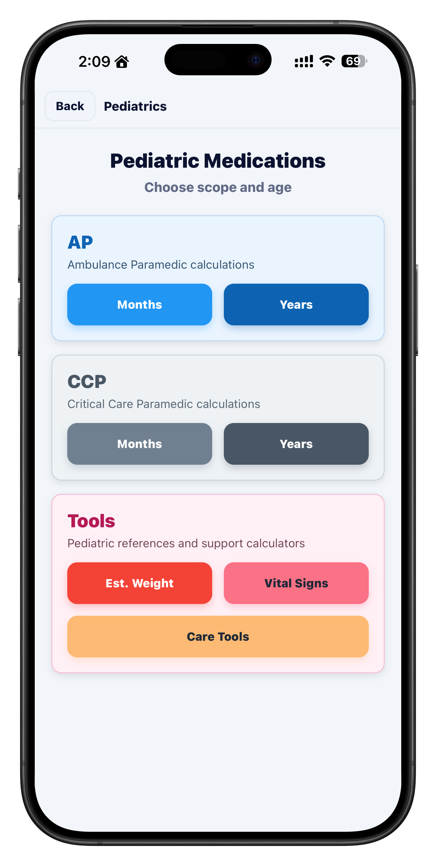 Pediatrics main screen in the iOS app