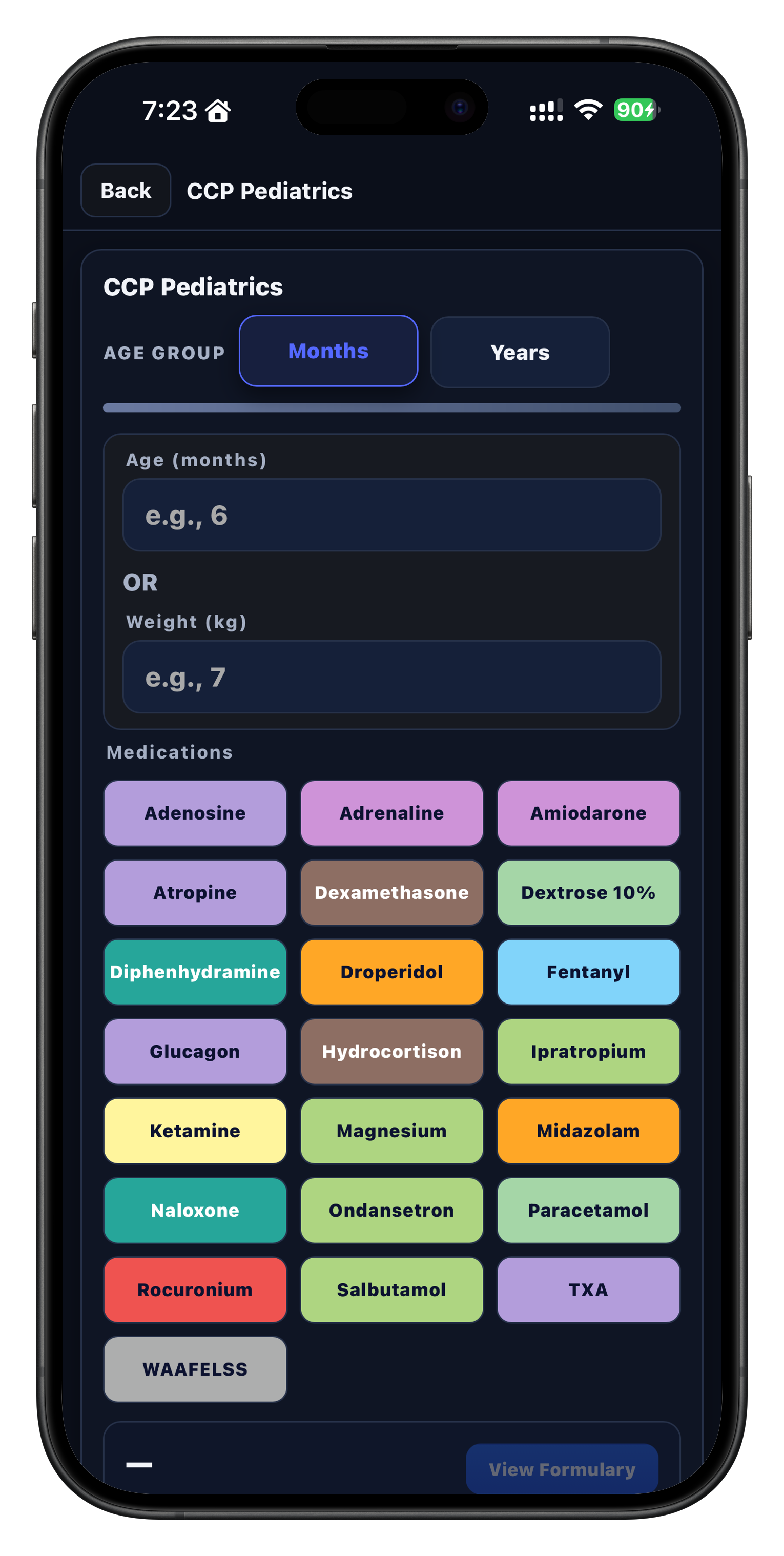 Pediatrics screen in the iOS app