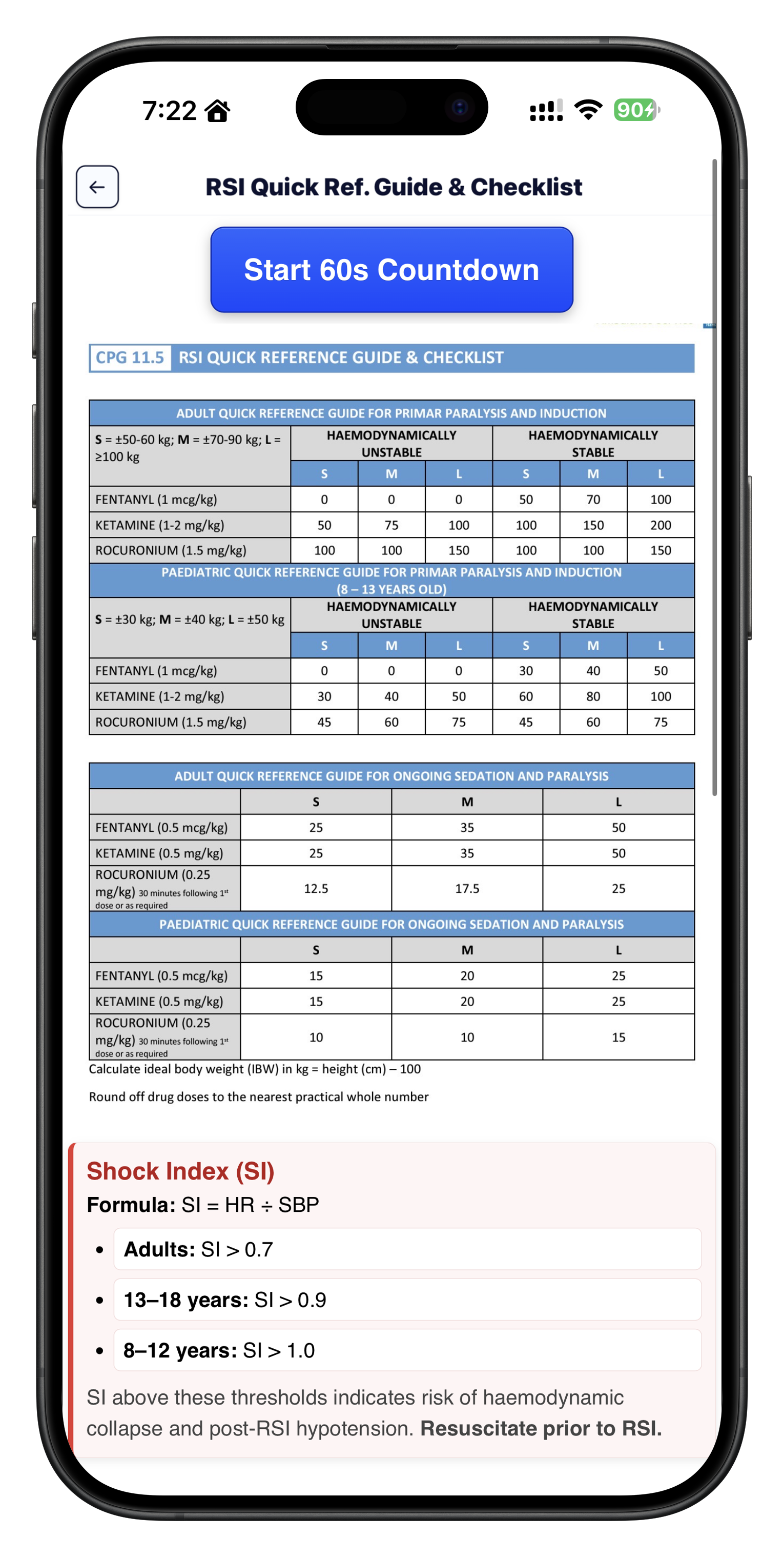 RSI checklist screen in the iOS app