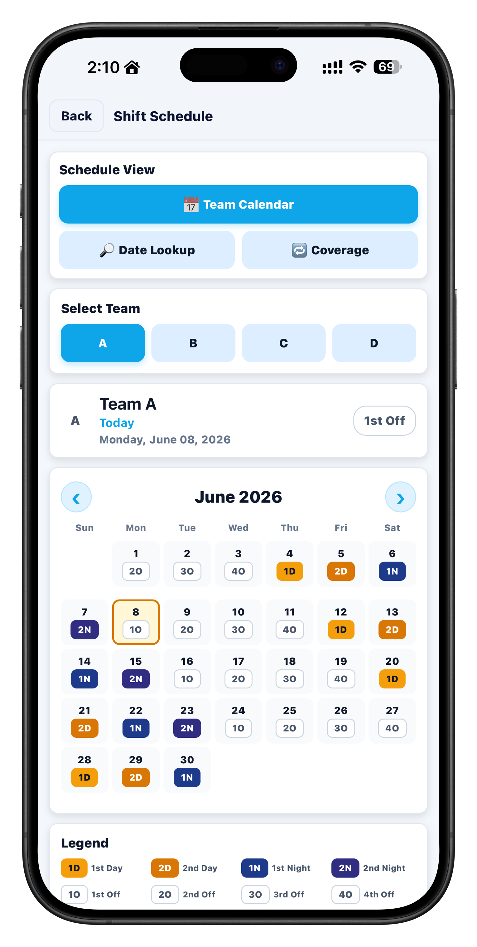 Shift Schedule screen in the iOS app