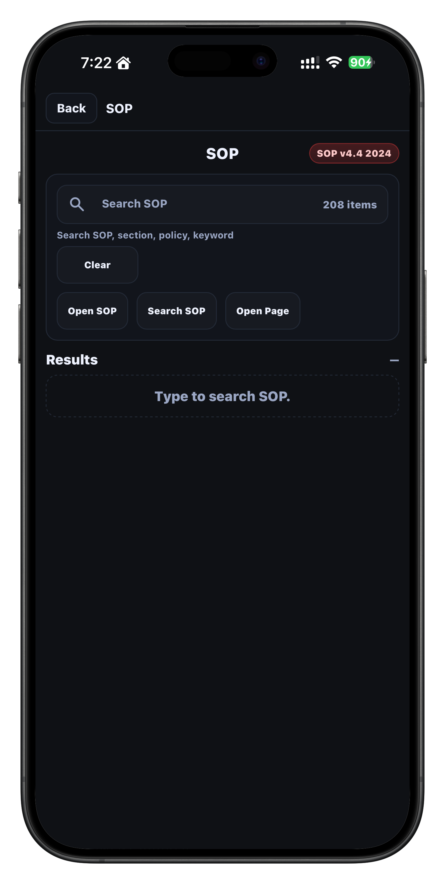 SOP screen in the iOS app