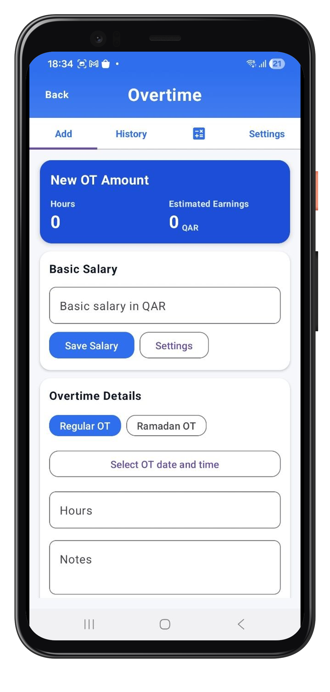 Overtime screen in the Android app