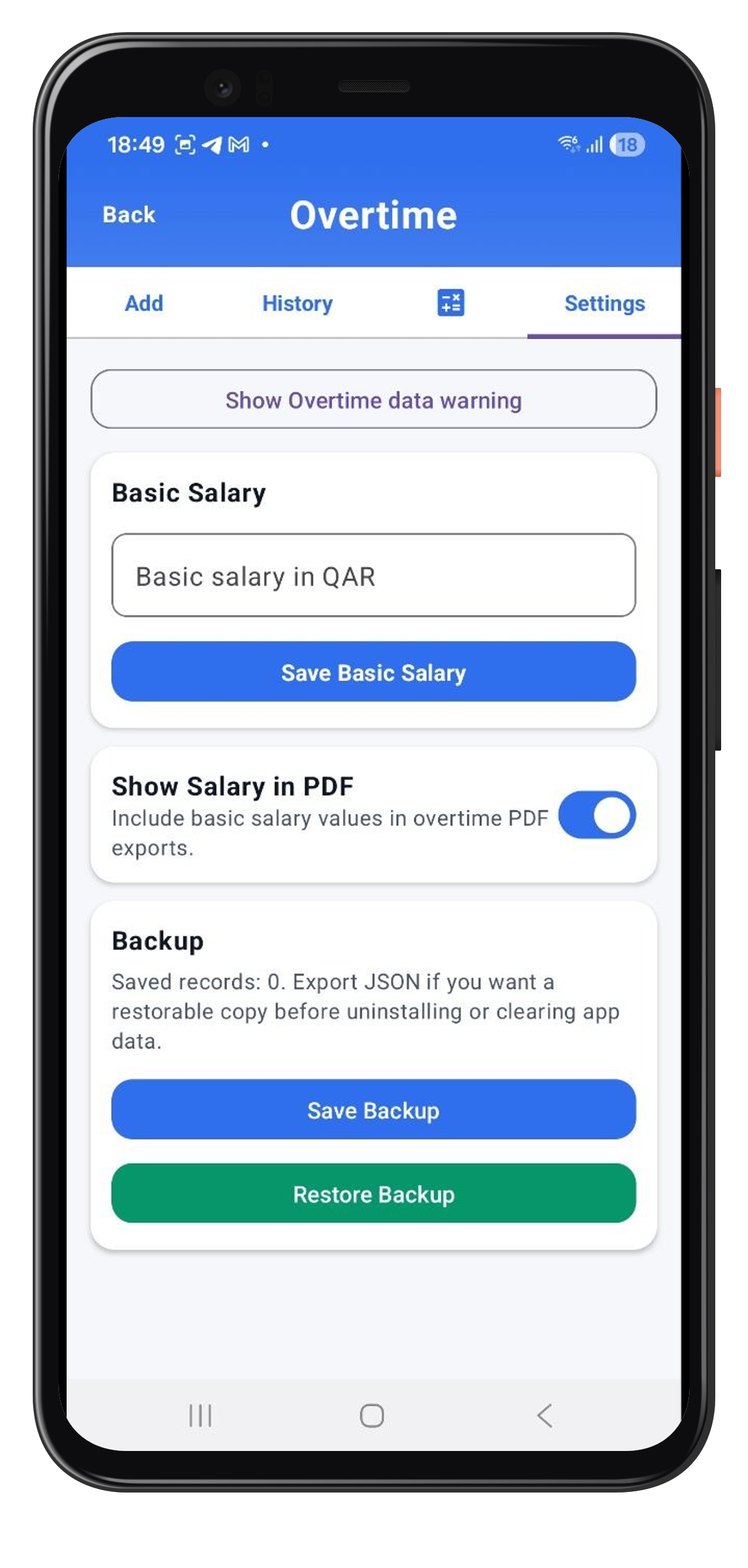 Overtime settings screen in the Android app
