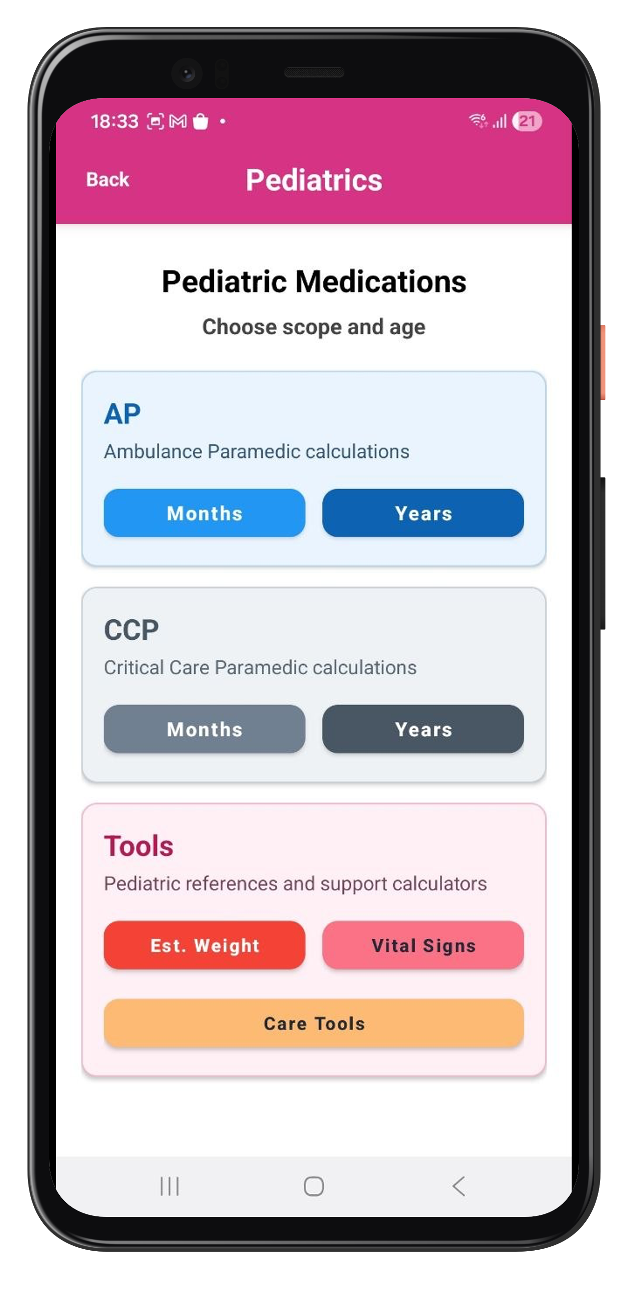 Pediatric tools home screen in the Android app