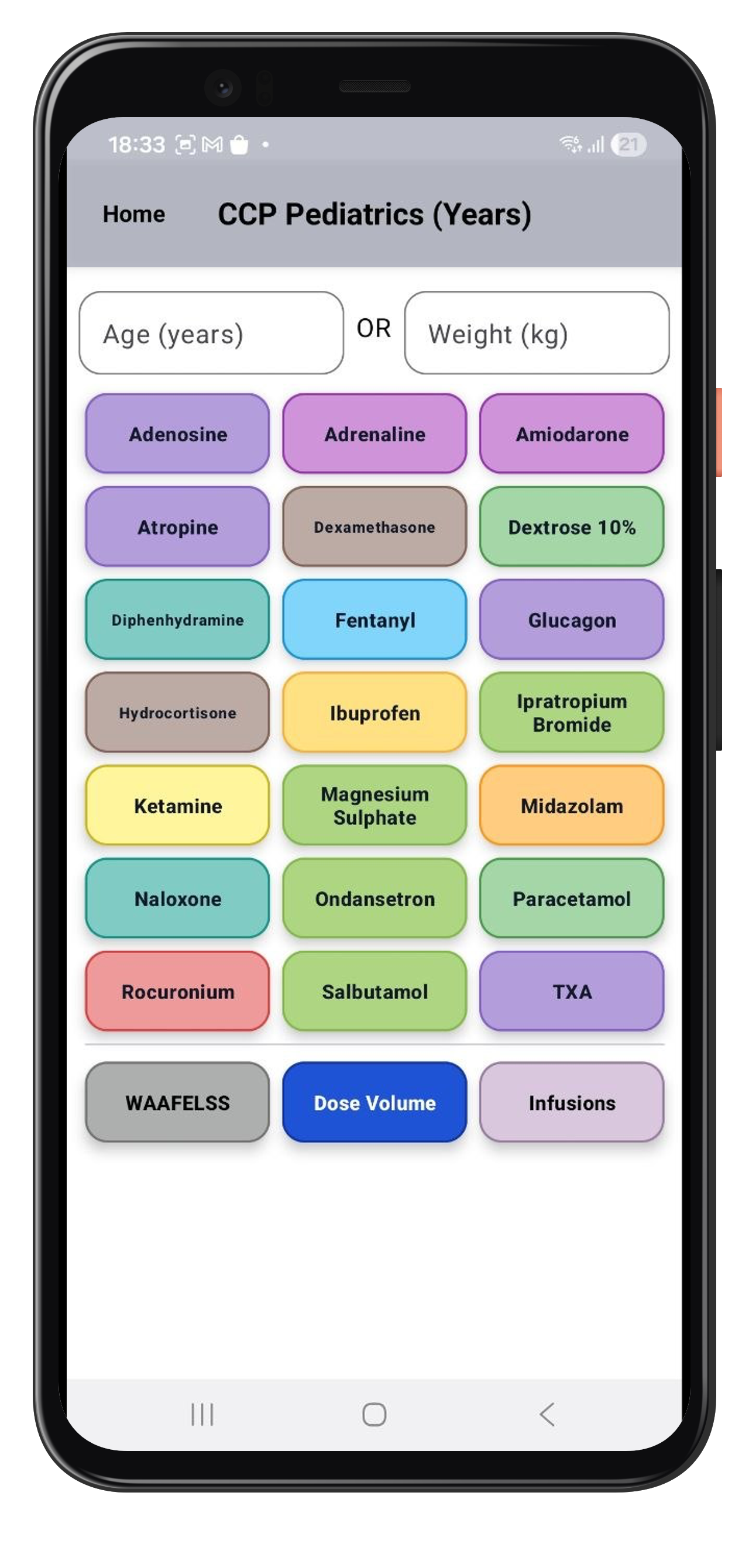 Pediatric dosing screen in the Android app