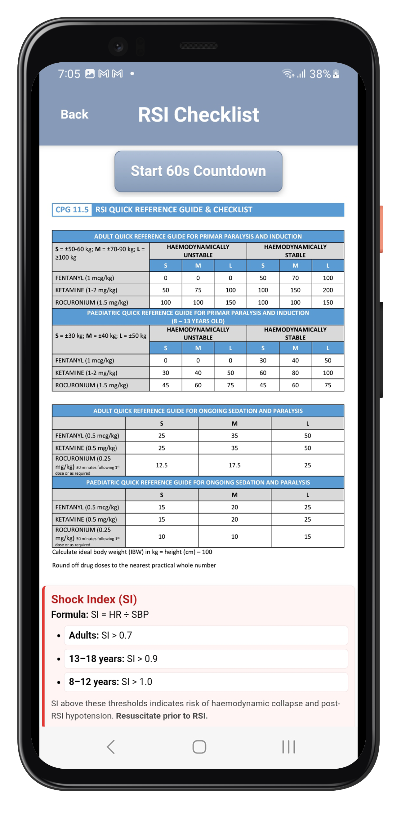 RSI checklist screen in the Android app