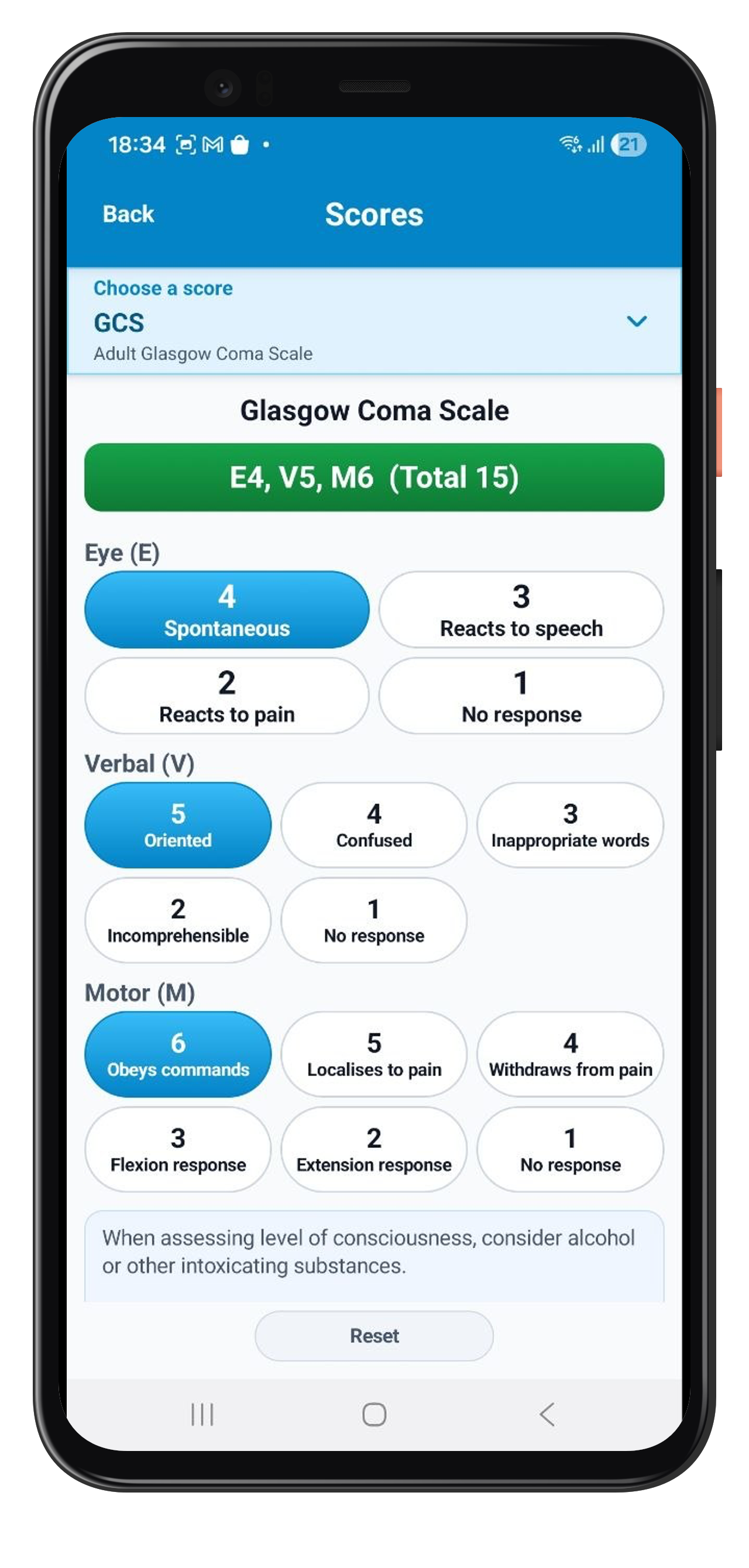 Scores screen in the Android app