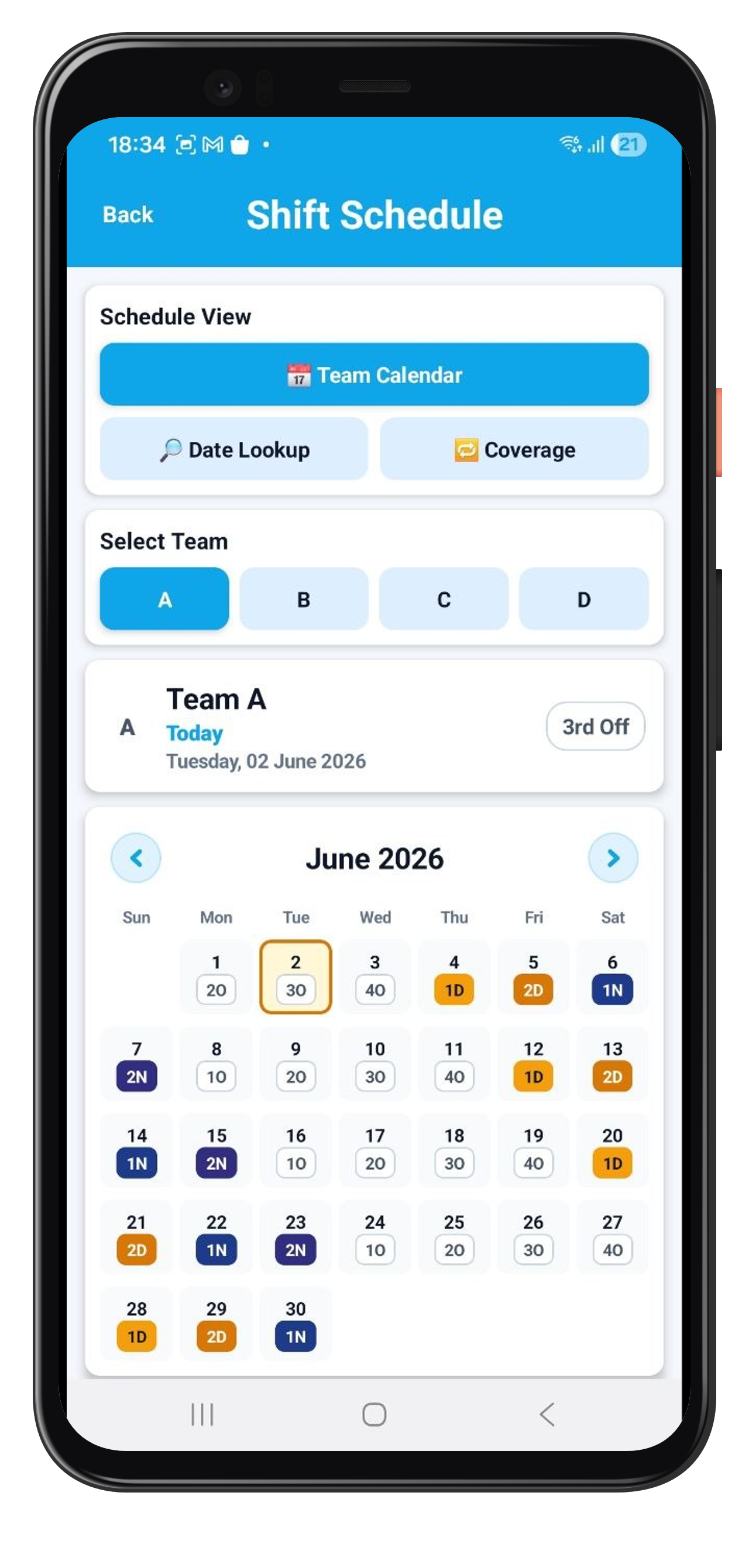 Shift Schedule screen in the Android app