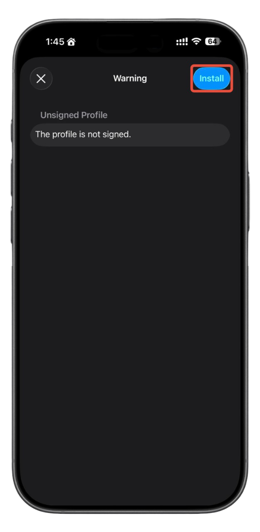 Warning screen - Install